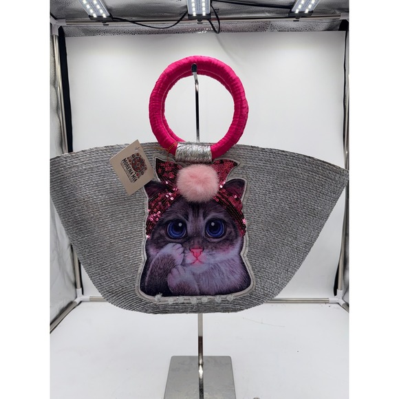 Morena Mia Handbags - Morena Mia Mexican Handmade Straw Tote Bag Silver Pink Cat Sequin Pom Pom NEW